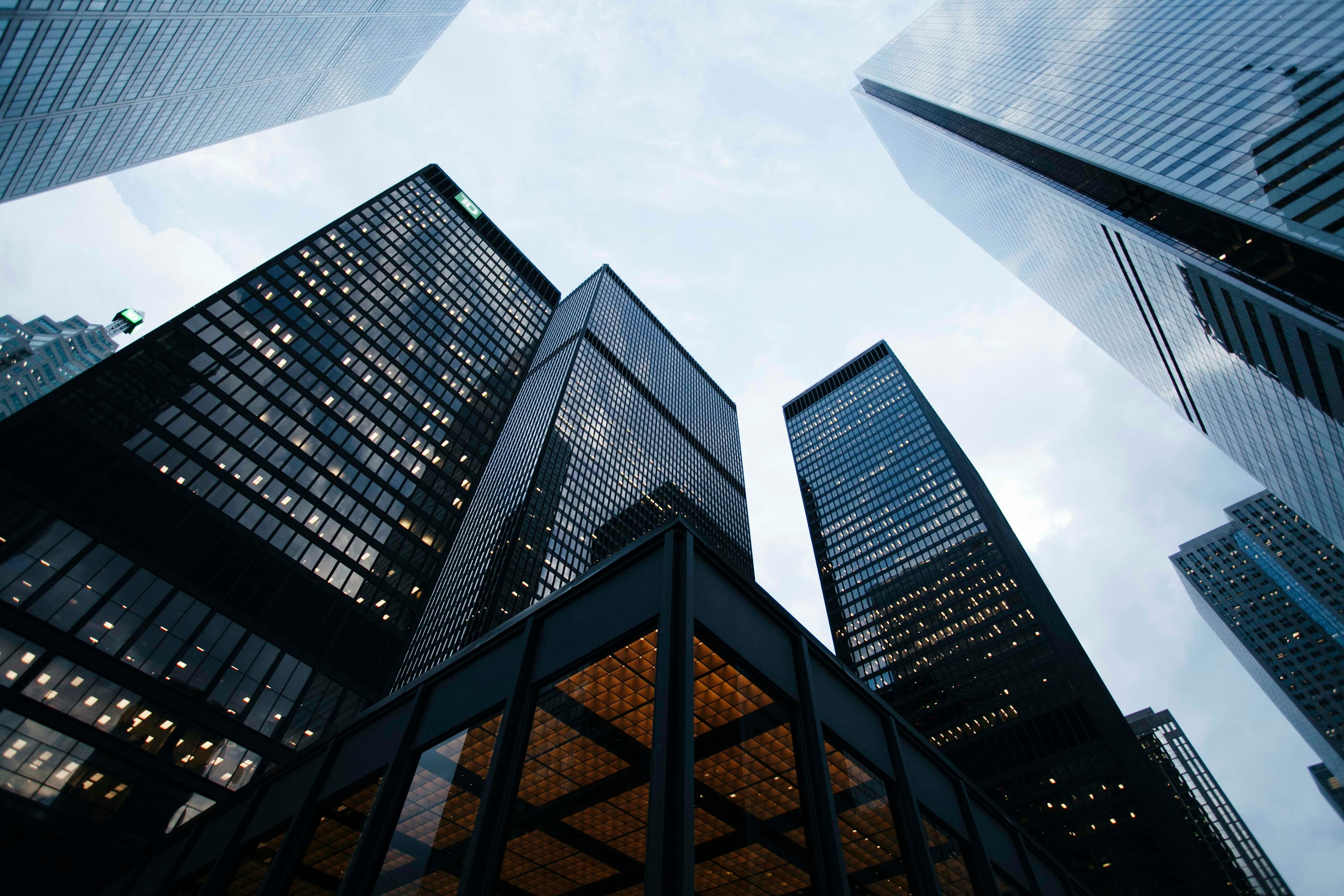 High-rise corporate architecture against a clear sky